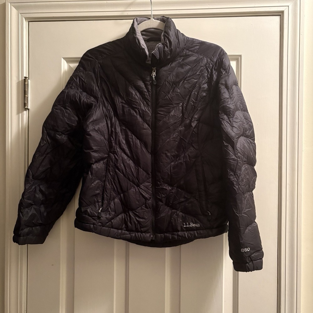 LL BEAN 850 FILL DOWN BLACK QUILTED JACKET COAT GRAY FLEECE COLLAR LIGHT SMALL
